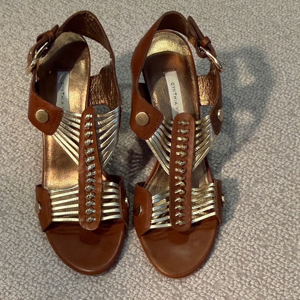 Cynthia Vincent Tan and Gold Strappy Gladiator Sandals Size 7